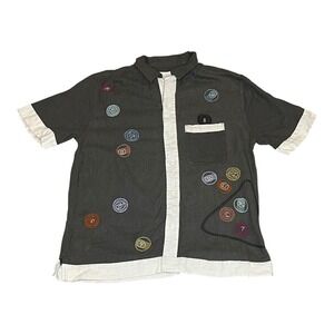Abercrombie & Fitch Black Short-Sleeve Button Down with Multicolor Patch Accents